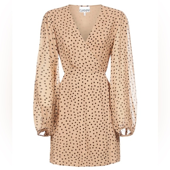 Ganni Brown Nude Polka Dot Wrap Mini Dress size 42 L 10 12 Work Date Night Party - Picture 13 of 13
